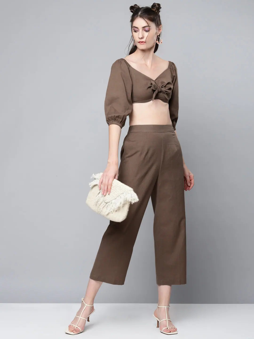 Brown Tie-Up Crop Top | Cotton Linen Lehenga for Women
