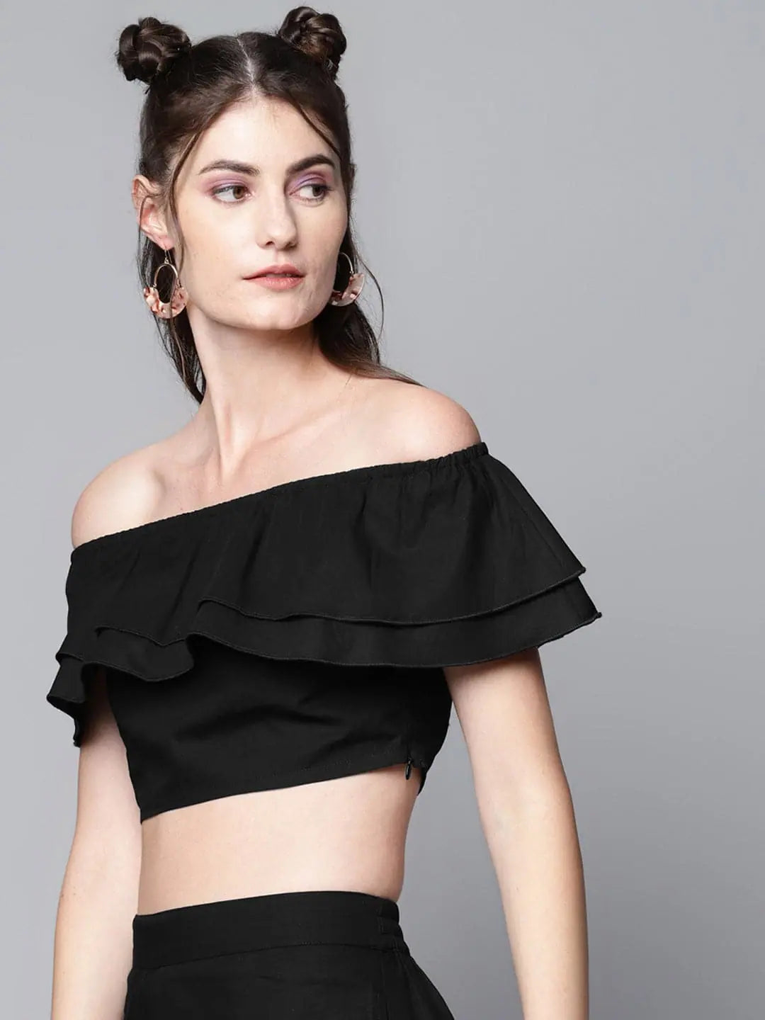 Black Poplin Crop Top with Ruffles | Women's Designer Lehenga