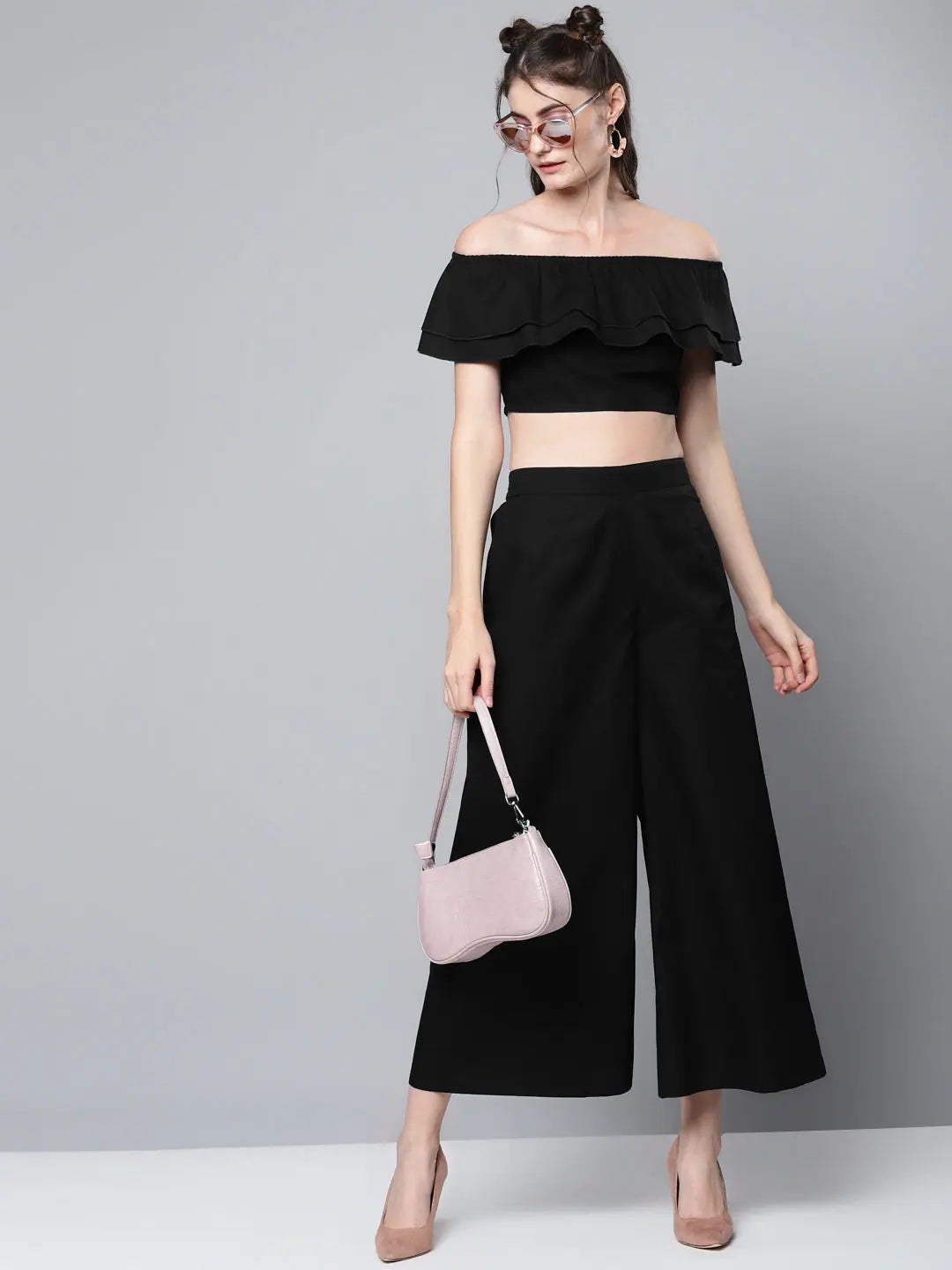 Black Poplin Crop Top with Ruffles | Women's Designer Lehenga