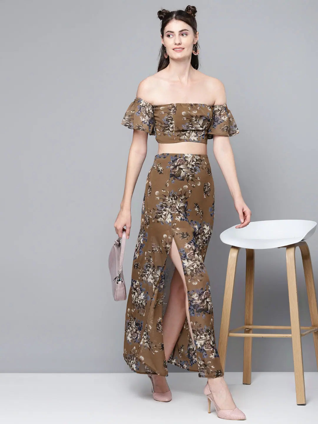Brown Floral Crop Top | Women's Designer Lehenga Choli