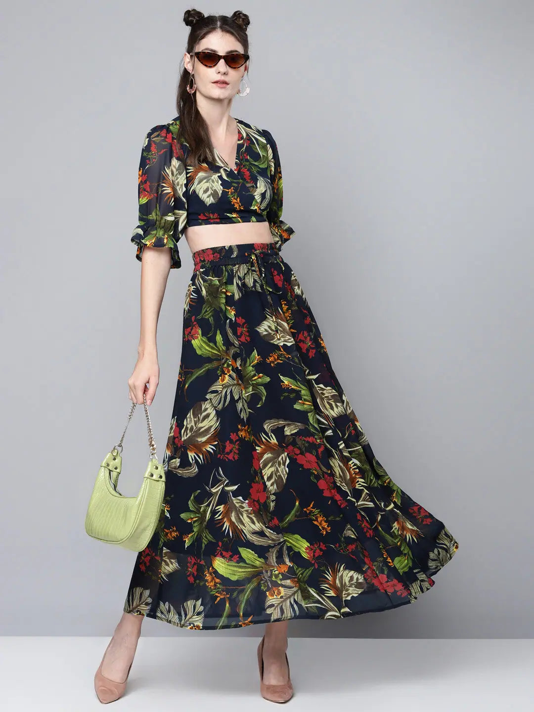 Navy Floral Wrap Top - Versatile Ethnic Lehenga Option