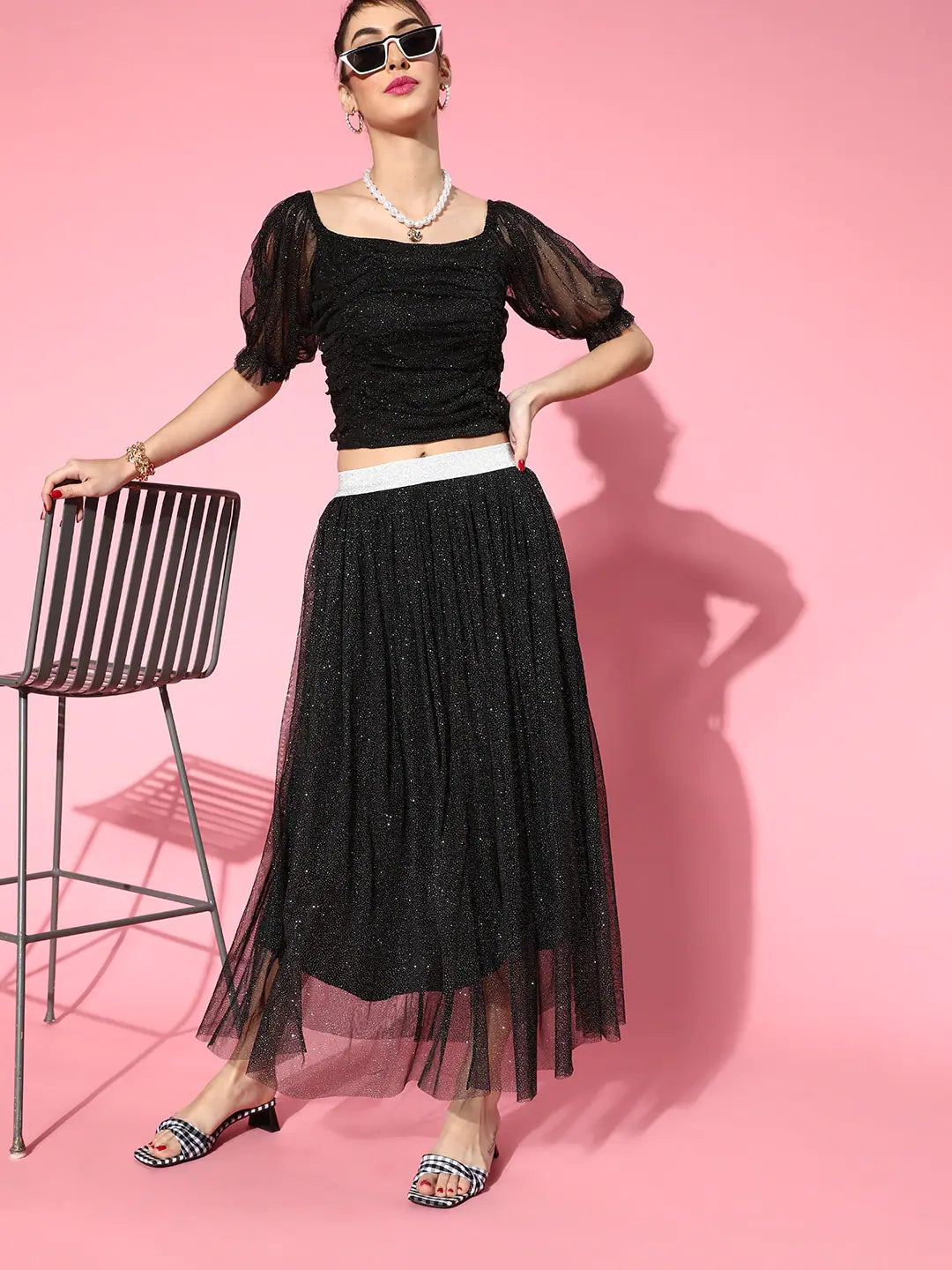 Black Mesh Lurex Crop Top | Women's Western Wear