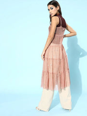 Dusty Pink Mesh Lurex Strappy Longline Sheer Top