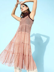 Dusty Pink Mesh Lurex Strappy Longline Sheer Top