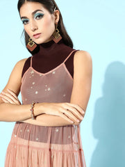 Dusty Pink Mesh Lurex Strappy Longline Sheer Top