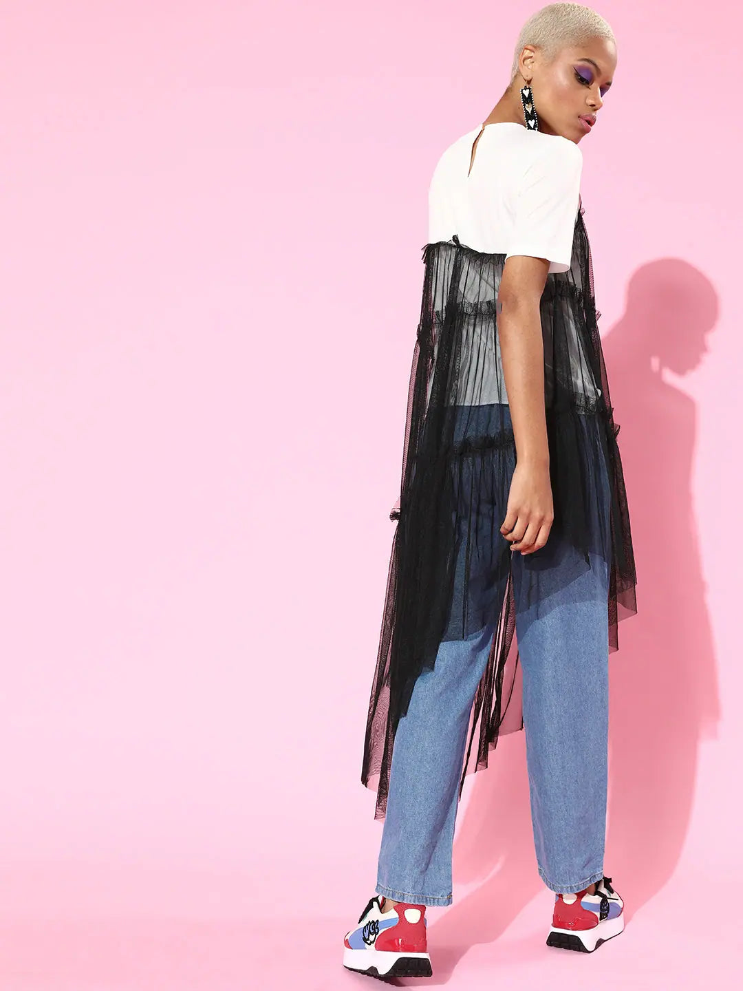 Black & White Mesh Top - Asymmetric Hem, Longline Design
