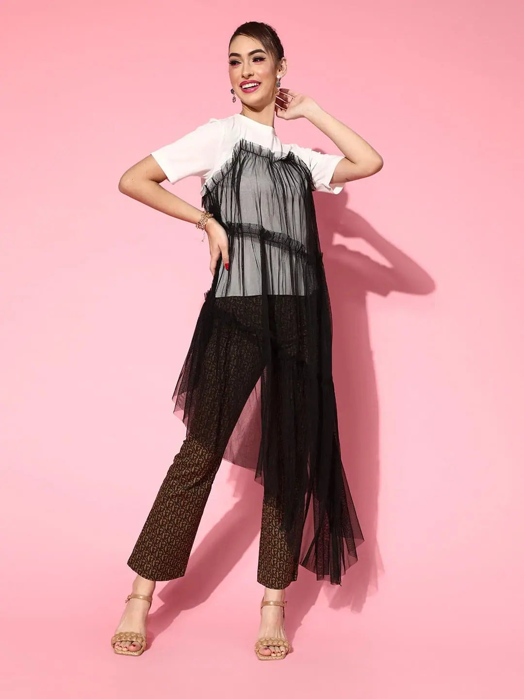 Black & White Mesh Longline Top | Women's Western Wear Online