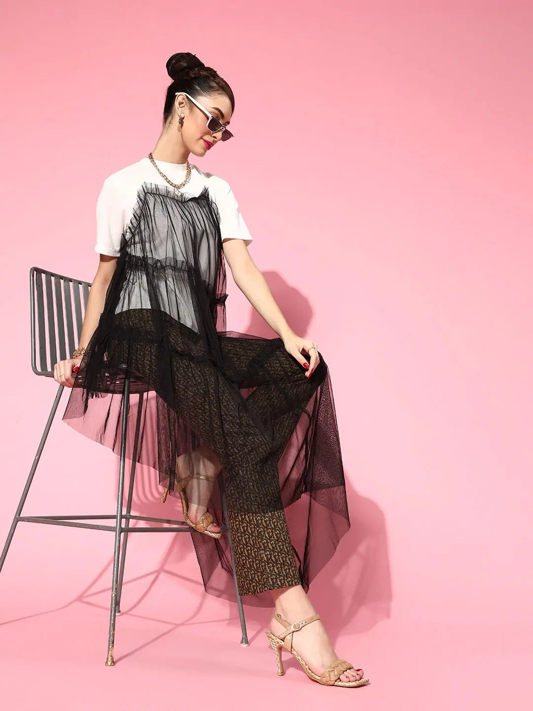 Black & White Mesh Longline Top | Women's Western Wear Online