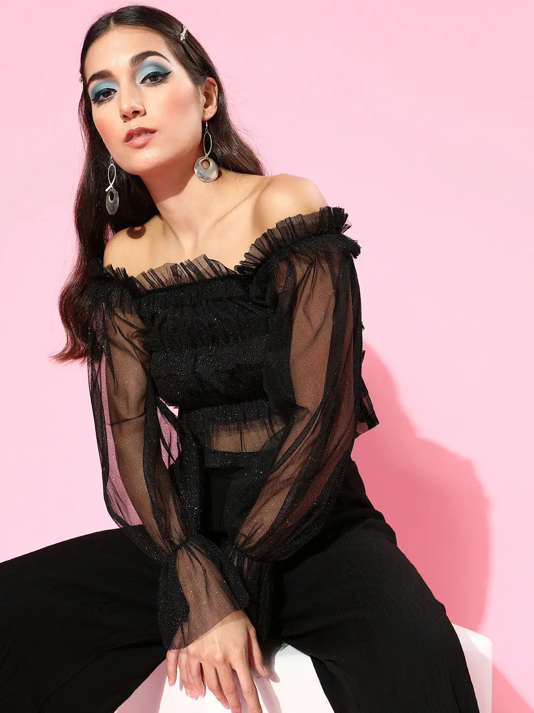 Black Lurex Crop Top - Bardot Mesh Top for Women