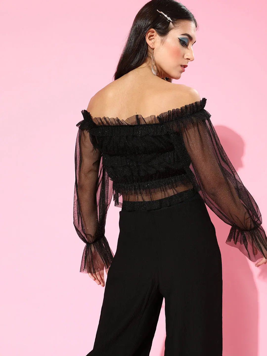 Black Lurex Crop Top - Bardot Mesh Top for Women