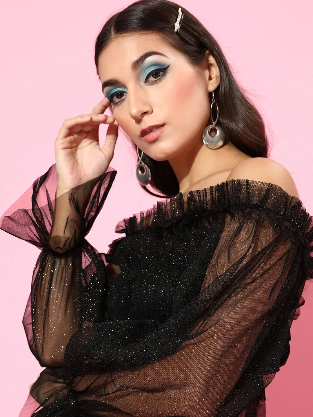 Black Lurex Crop Top - Bardot Mesh Top for Women