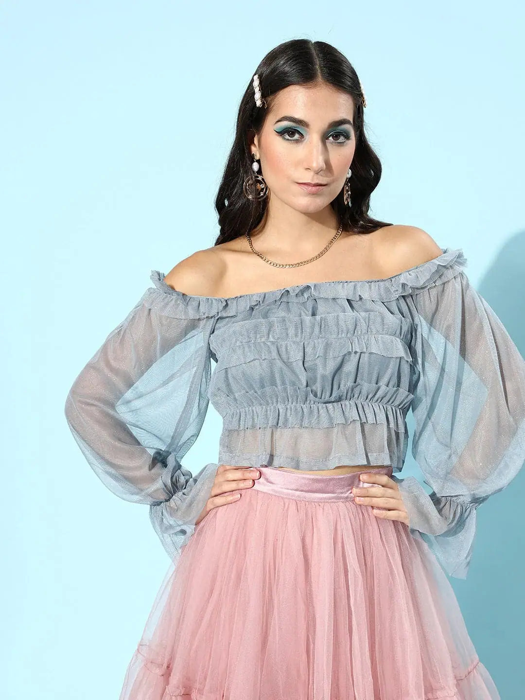 Blue Bardot Mesh Lurex Crop Top | Festive Lehenga Collection