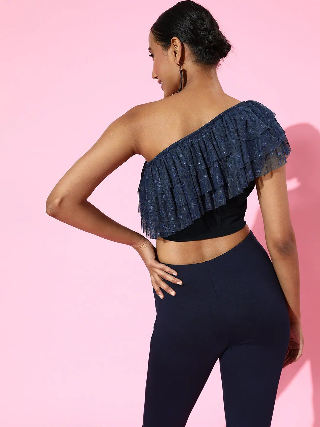 Navy One Shoulder Frilly Top - Western Outfits For Women