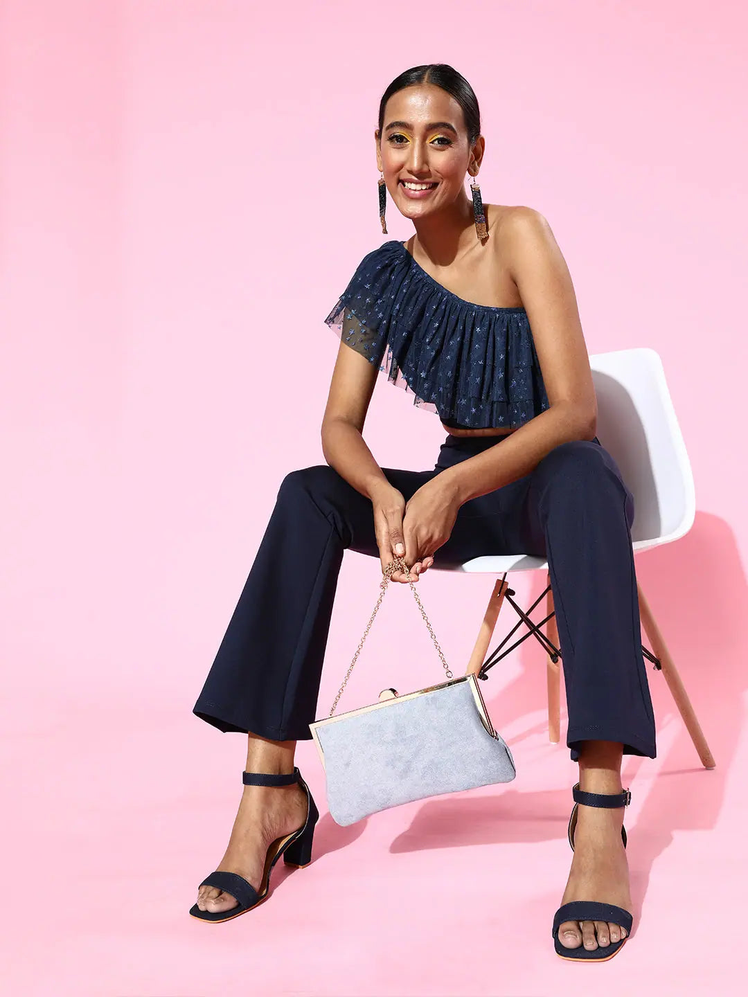 Navy One Shoulder Frilly Top - Western Outfits For Women