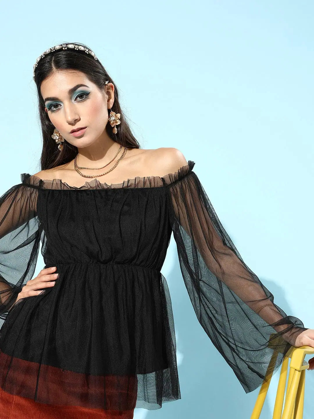 Black Bardot Peplum Mesh Top | Women's Party Wear Lehenga