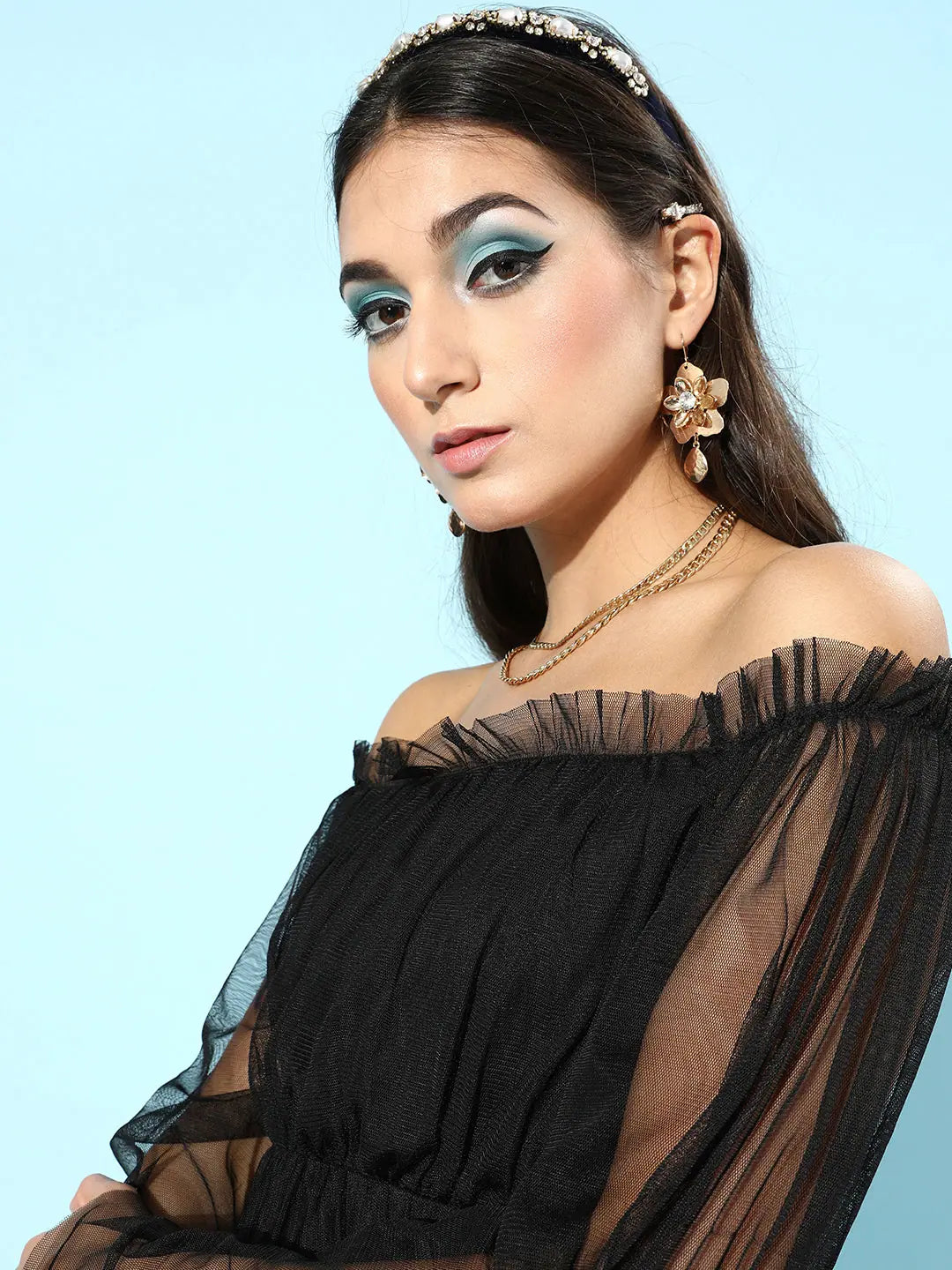 Black Bardot Peplum Mesh Top | Women's Party Wear Lehenga
