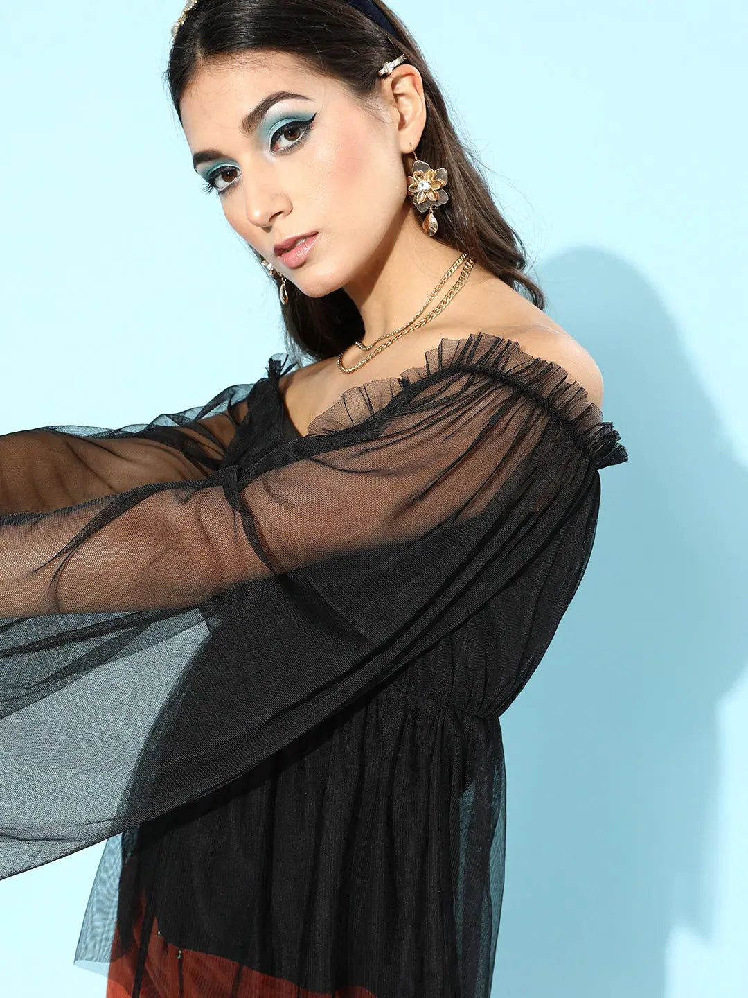 Black Bardot Peplum Mesh Top | Women's Party Wear Lehenga