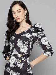 Black Floral Scuba Sweetheart Neck Crop Top