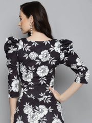 Black Floral Scuba Sweetheart Neck Crop Top