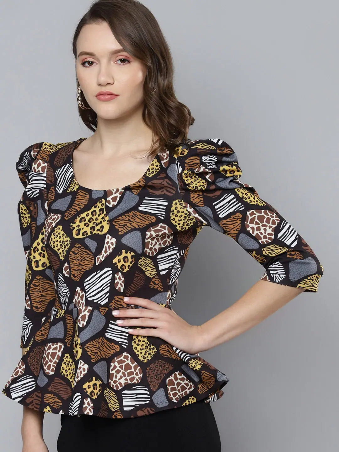 Black Animal Peplum Top | Designer Women's Party Wear