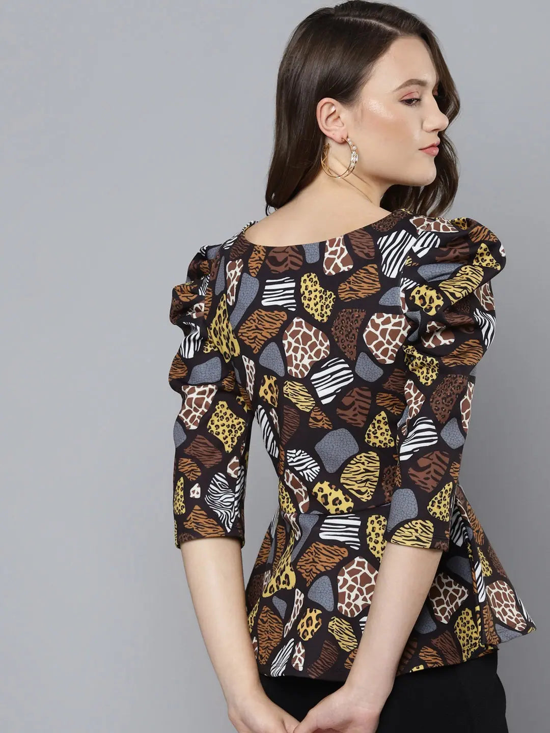 Black Animal Peplum Top | Designer Women's Party Wear