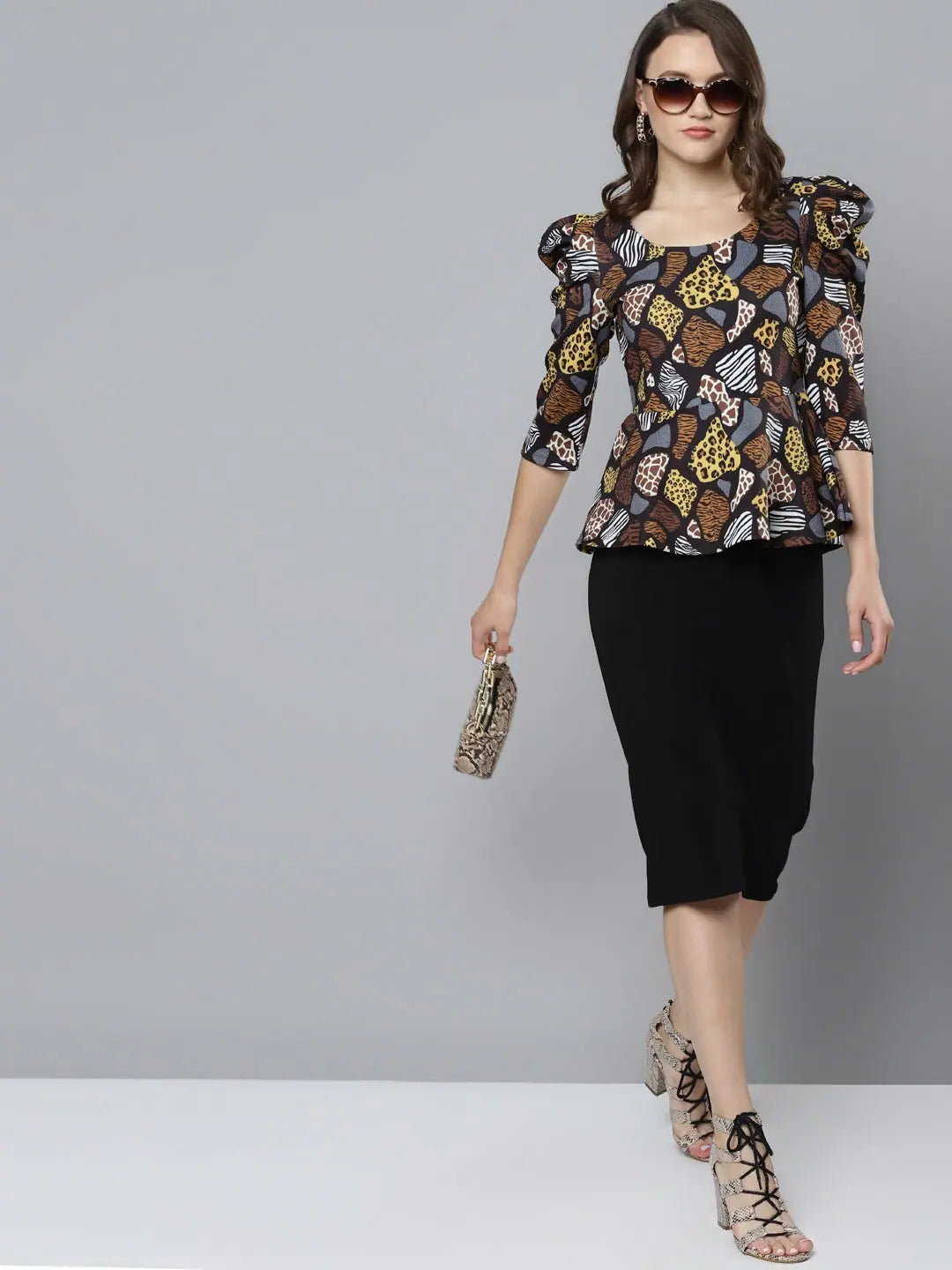 Black Animal Peplum Top | Designer Women's Party Wear