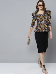 Black Scuba Abstract Animal Peplum Top