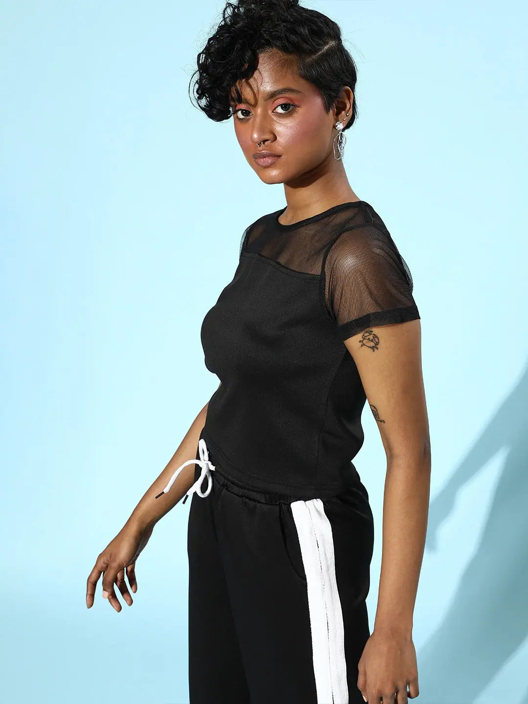 Black Scuba Mesh Top - Crop Length, Comfort Fit