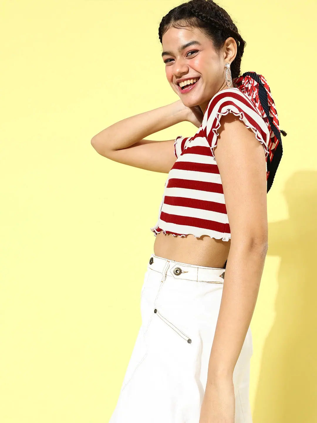 Red & White Stripe Rib Crop Top | V-Neck Button Detail