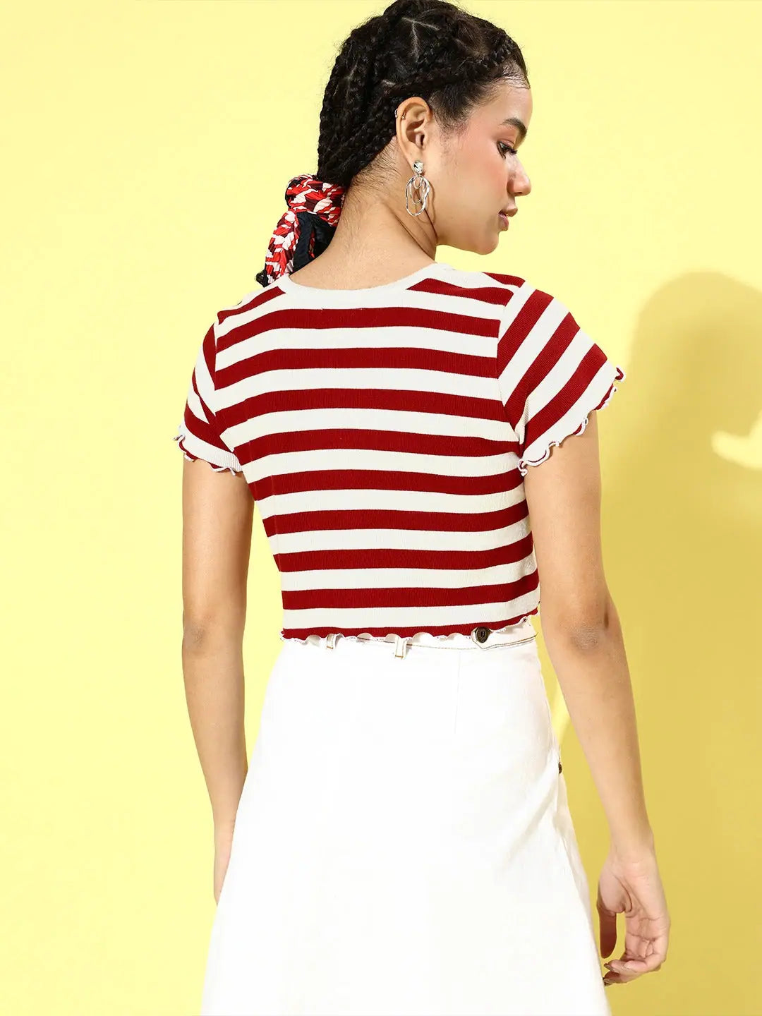 Red & White Stripe Rib Crop Top | V-Neck Button Detail
