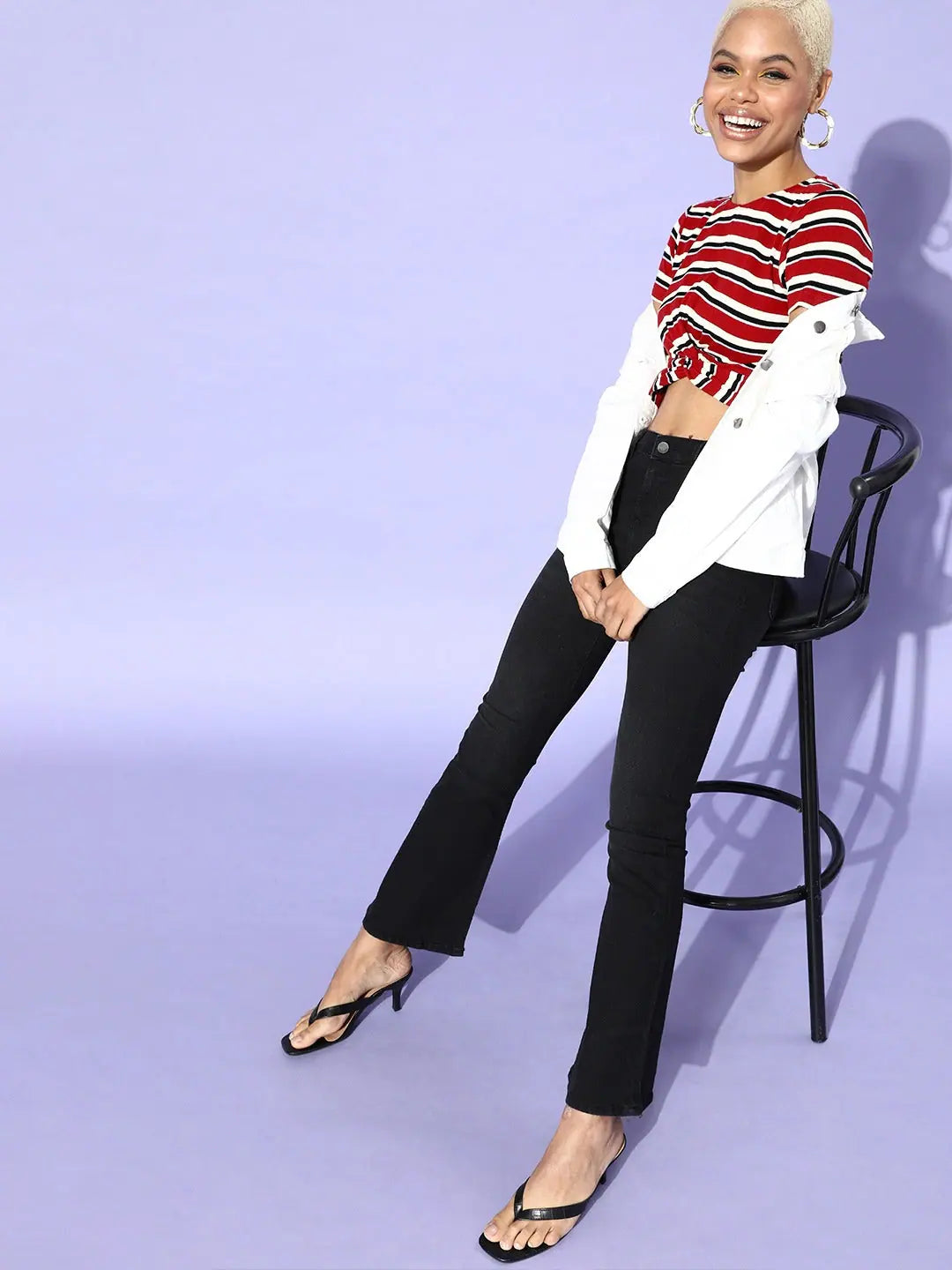 Red Multi Stripe Crop Top - Front Knot, Ribbed Knit
