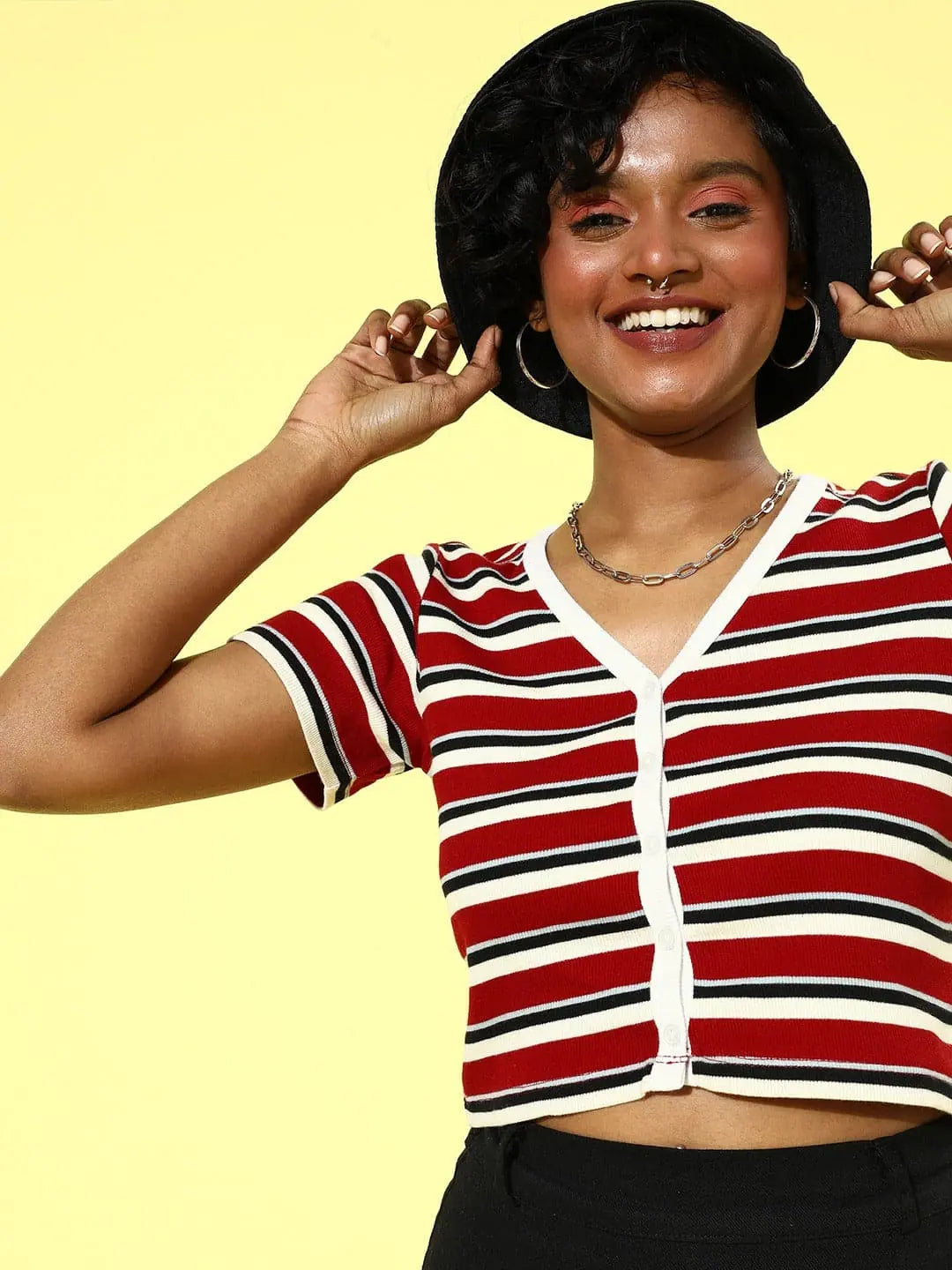 Red Stripe Rib Crop Top - Front Button Detail, Stylish