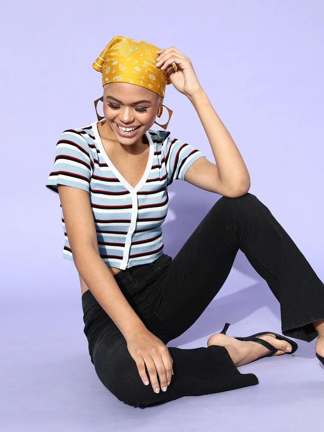 Blue Stripe Rib Crop Top - Front Button Detail Cotton Top