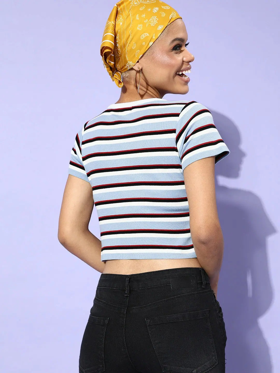 Blue Stripe Rib Crop Top - Front Button Detail Cotton Top