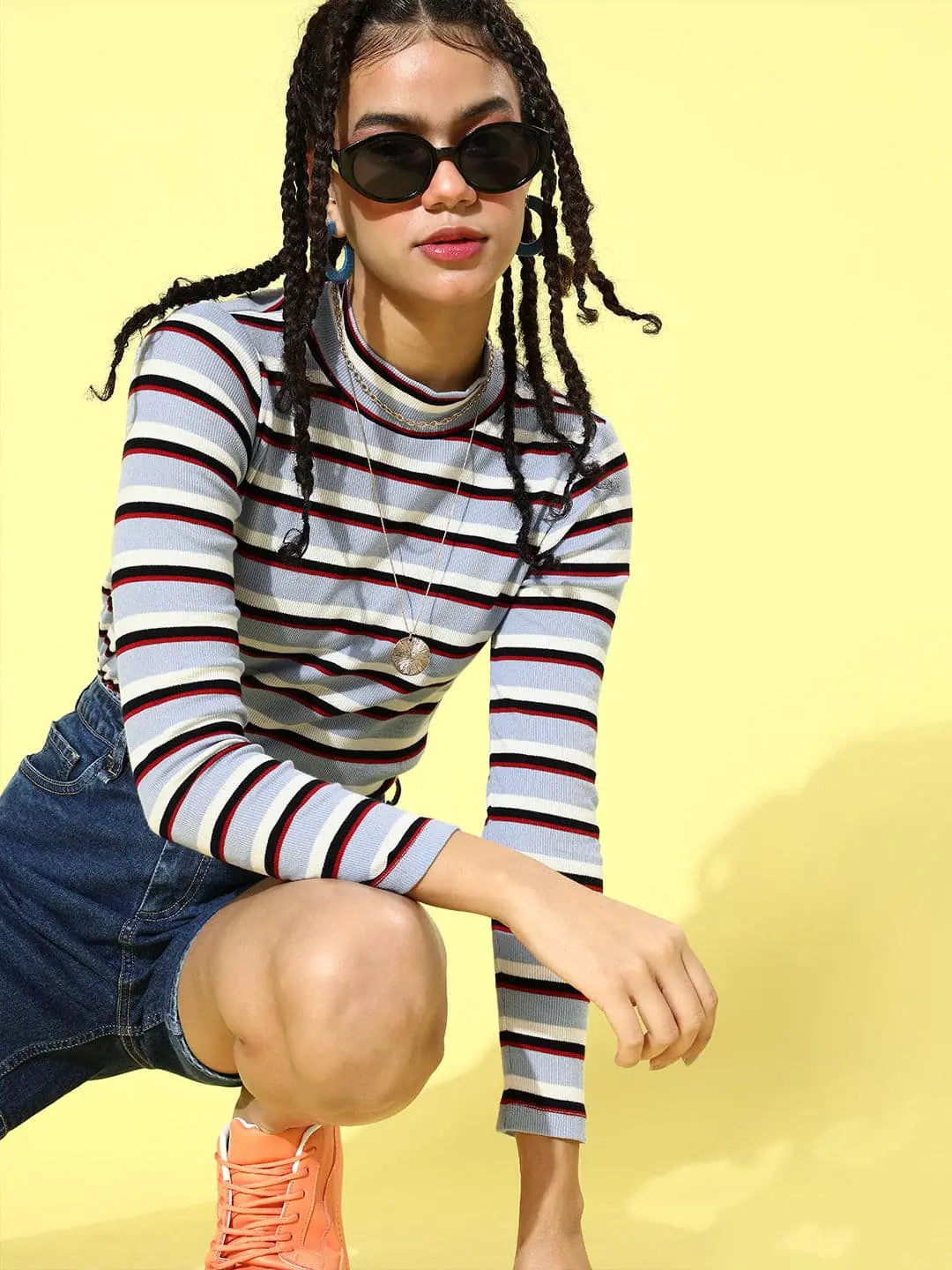 Blue Multi Stripe Rib Top - High Neck Comfort Fit in Cotton