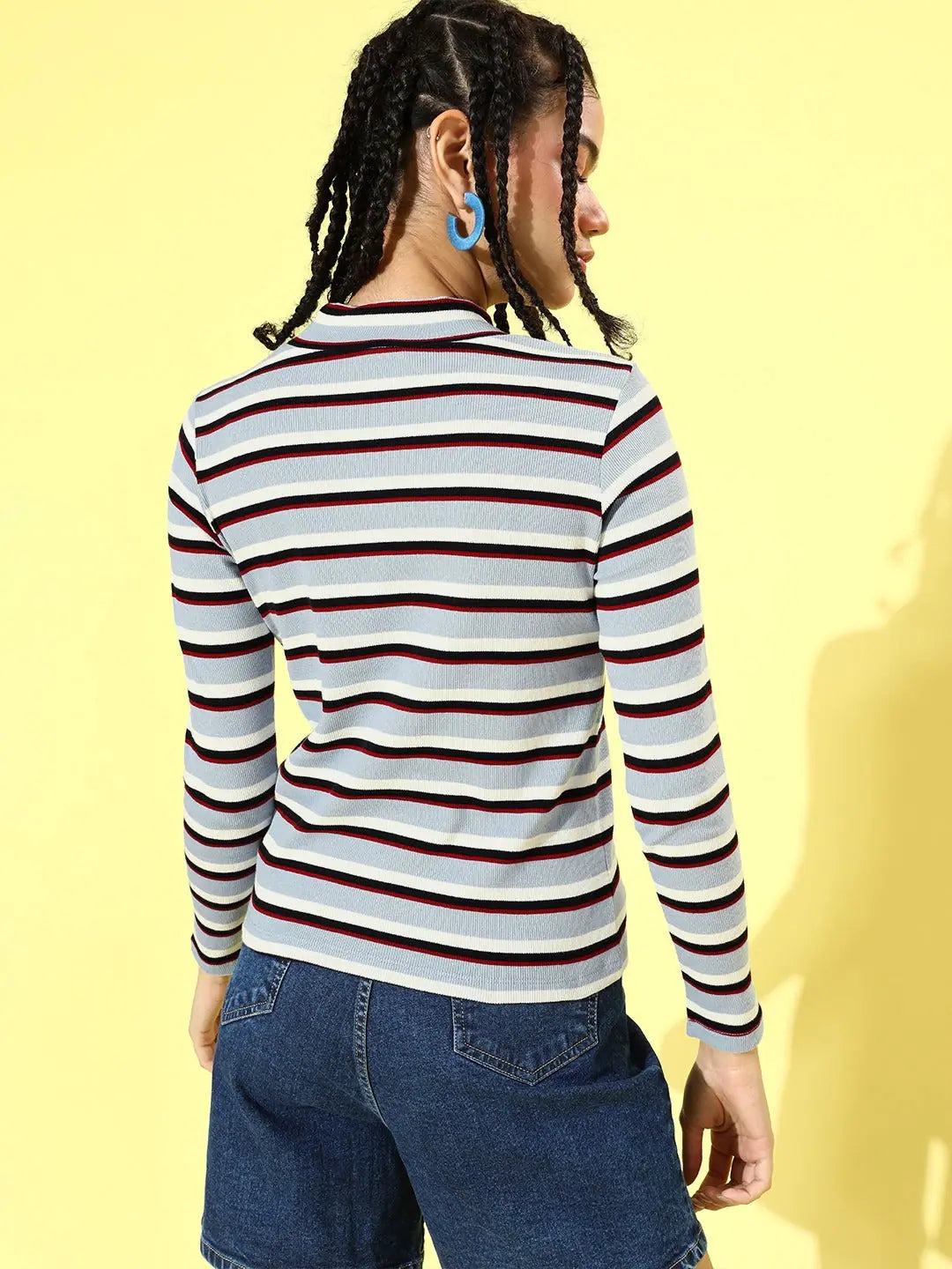 Blue Multi Stripe Rib Top - High Neck Comfort Fit in Cotton