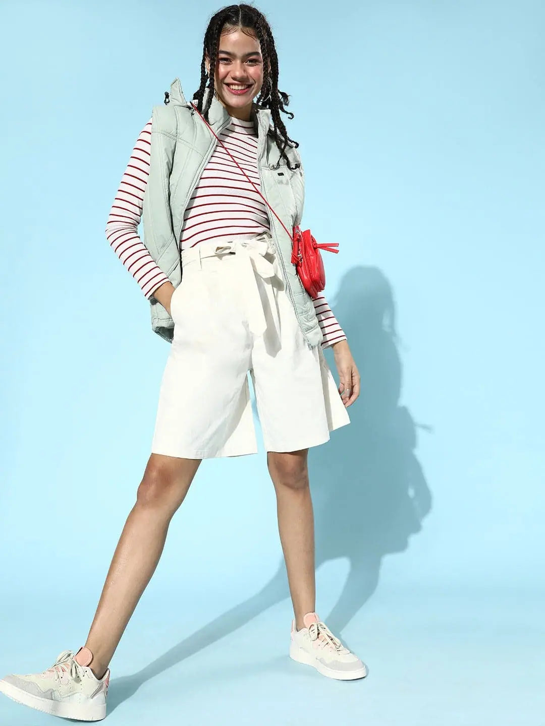 Pinstripe Crop Top - Red & White, Turtle Neck, Ribbed
