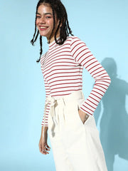 Red & White Pinstripe Turtle Neck Rib Crop Top