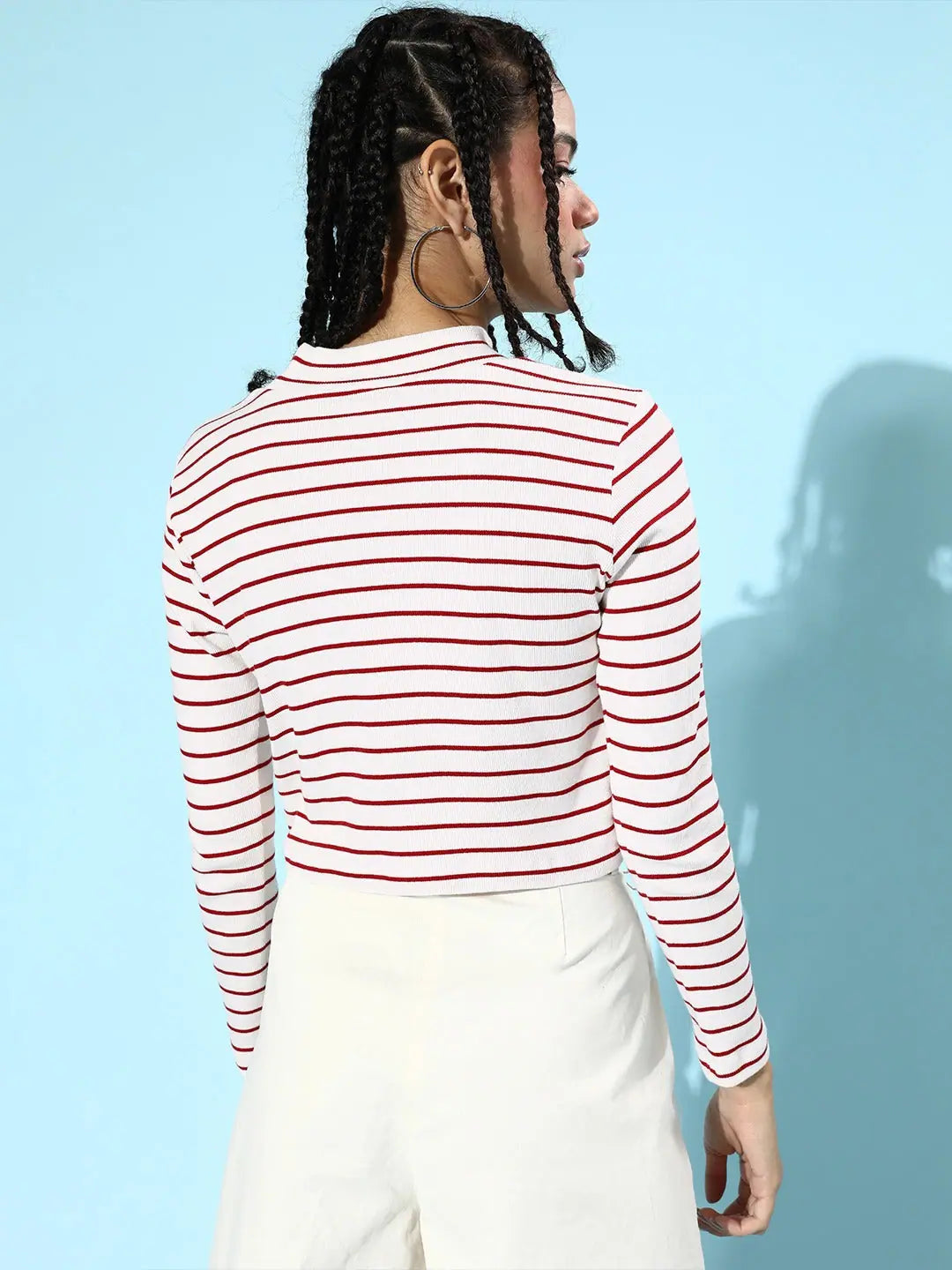 Pinstripe Crop Top - Red & White, Turtle Neck, Ribbed
