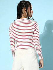 Red & White Pinstripe Turtle Neck Rib Crop Top