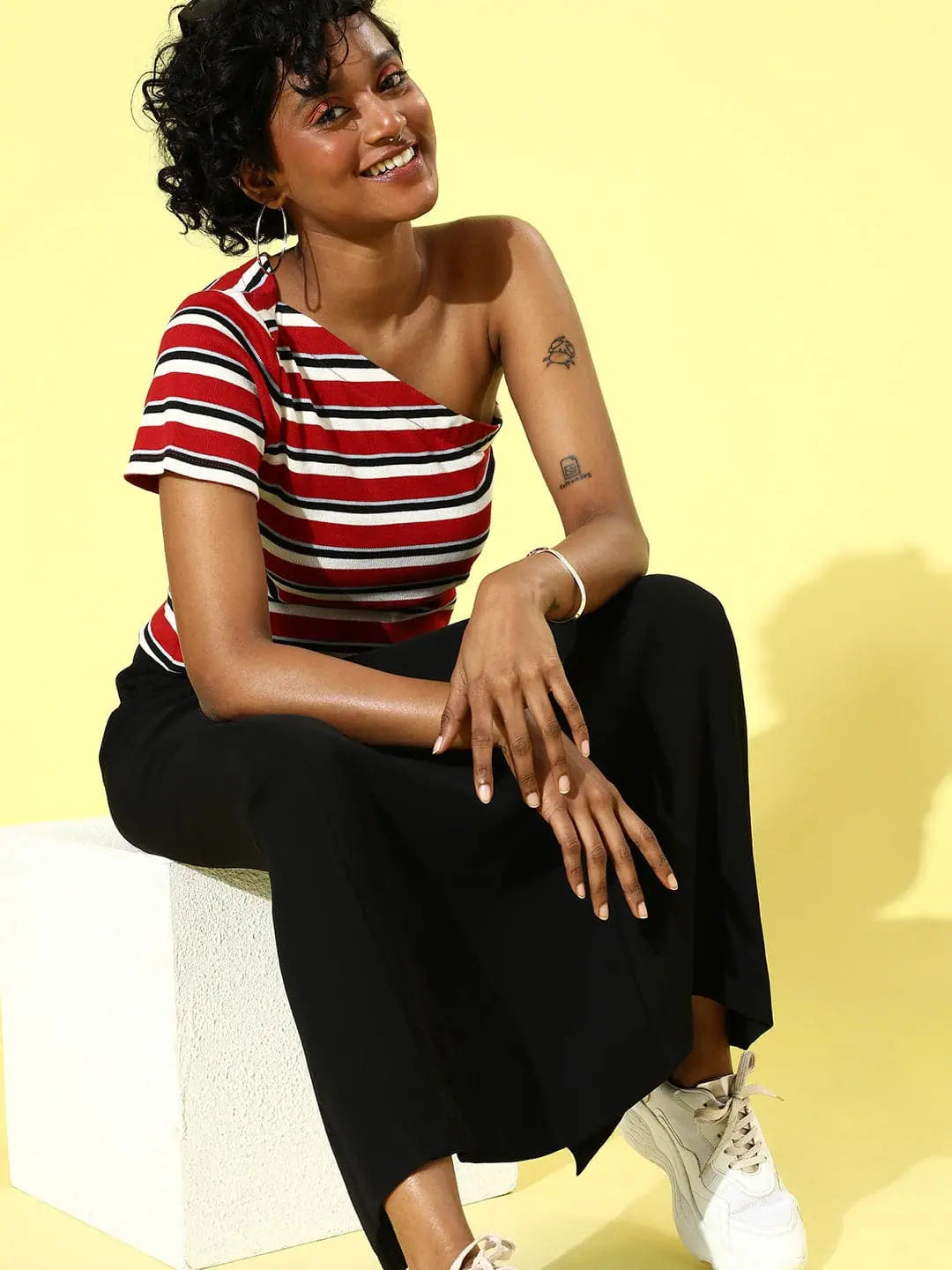 Red Multi Stripe One Shoulder Top | Cotton Rib Fabric