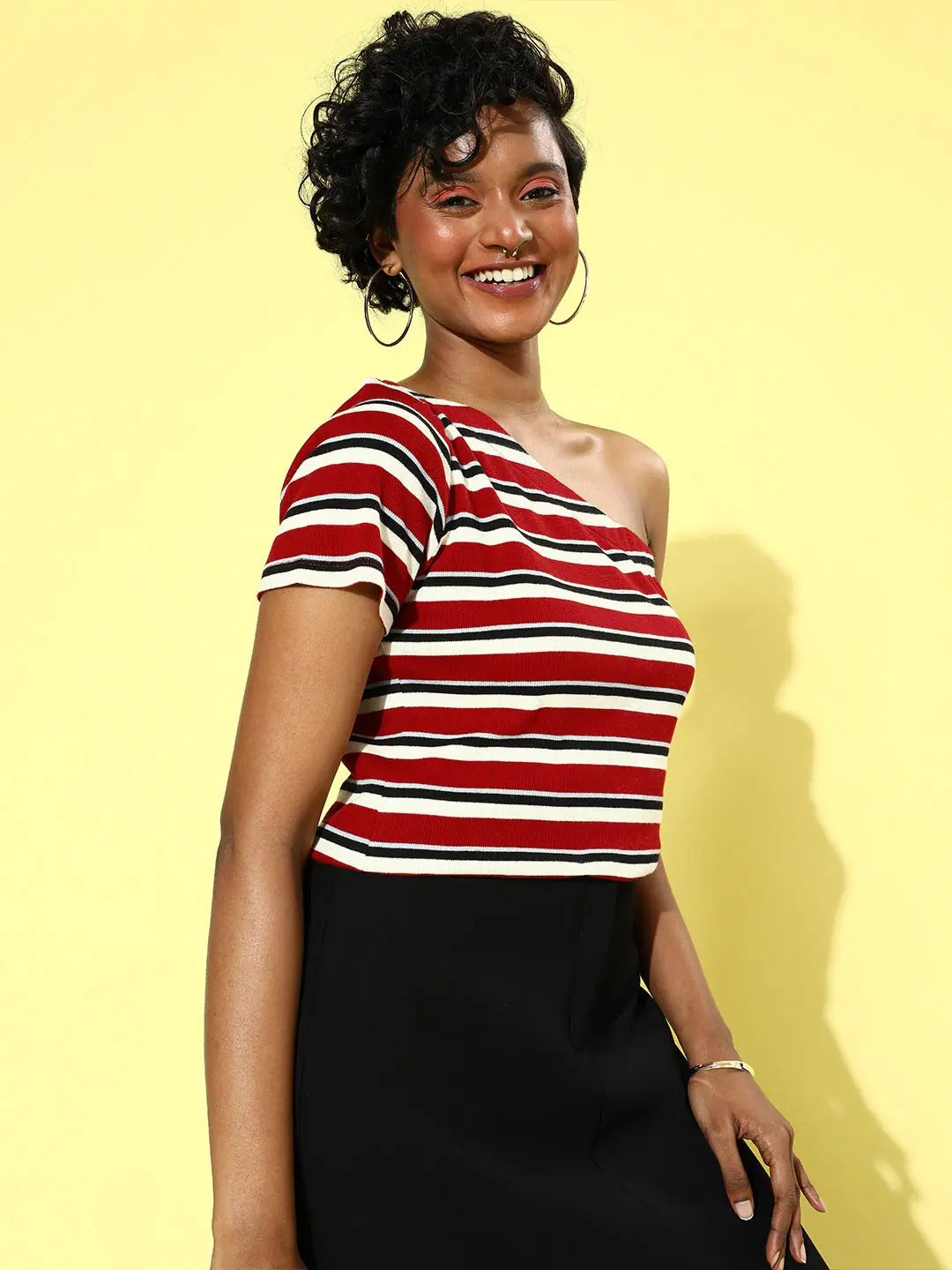 Red Multi Stripe One Shoulder Top | Cotton Rib Fabric