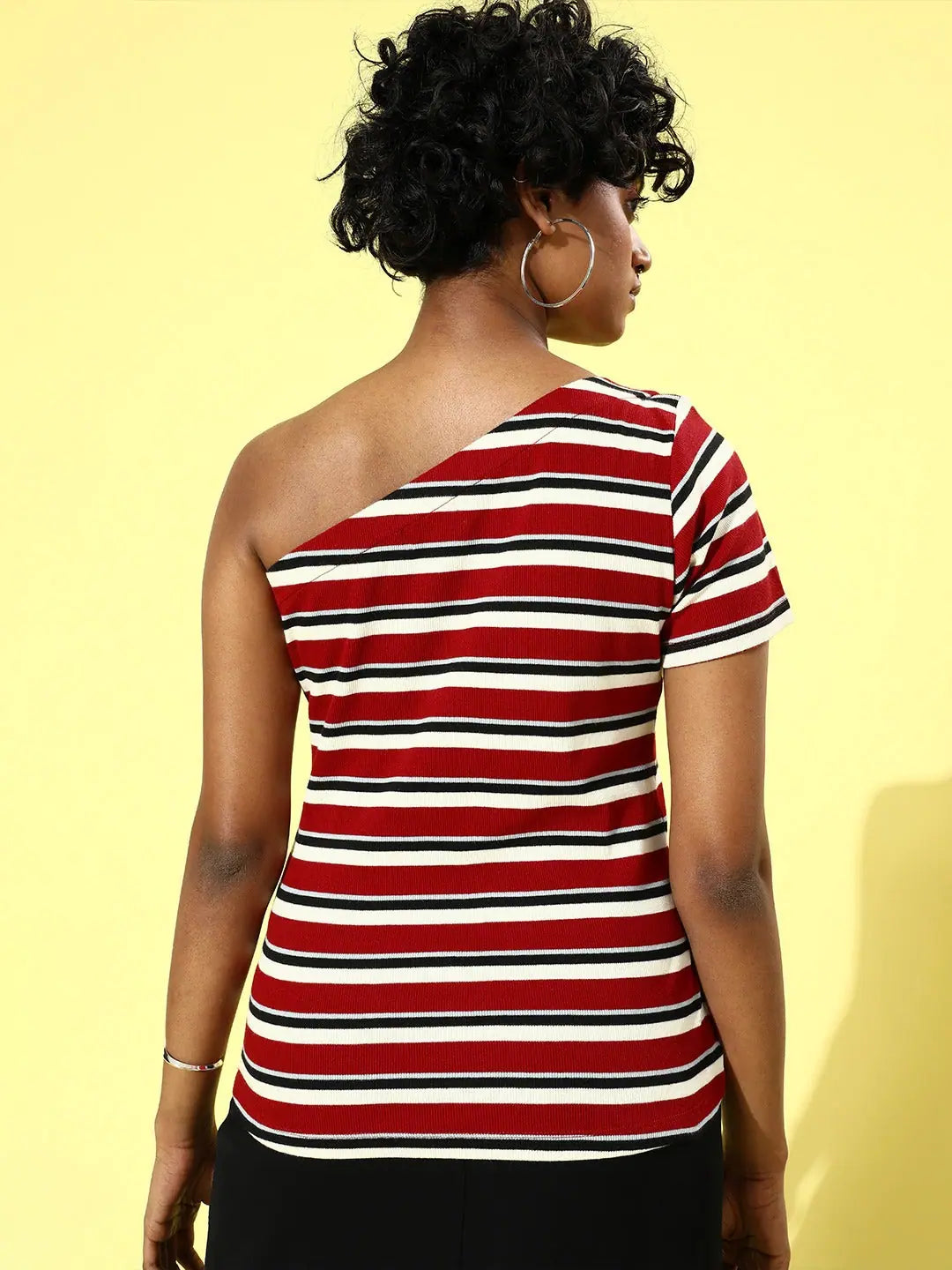 Red Multi Stripe One Shoulder Top | Cotton Rib Fabric
