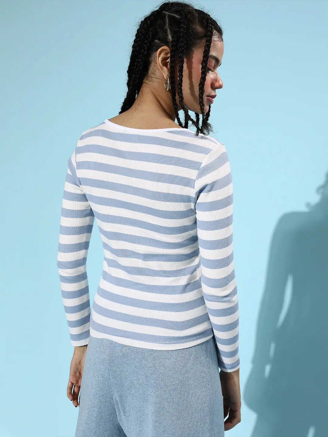 Blue & White Stripe Rib T-Shirt | Festive Lehenga Style