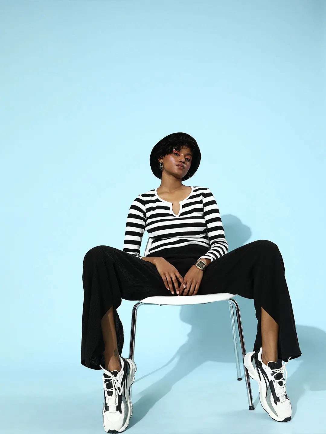 Black & White Stripe Rib T-Shirt - V-Neck Slim Fit Cotton