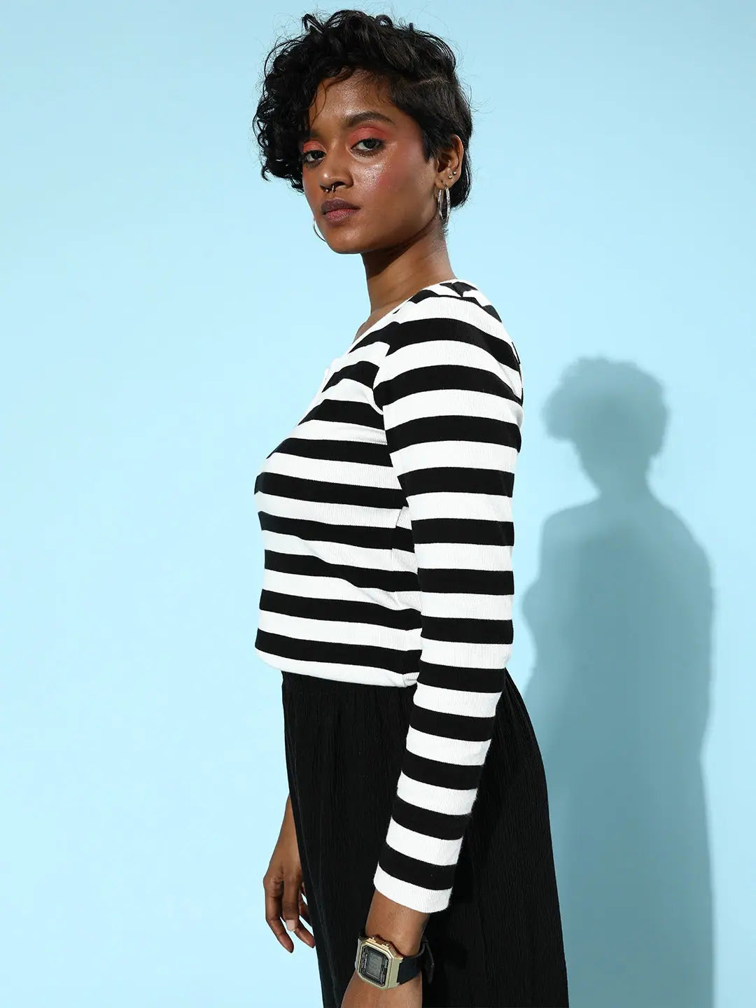 Black & White Stripe Rib T-Shirt - V-Neck Slim Fit Cotton
