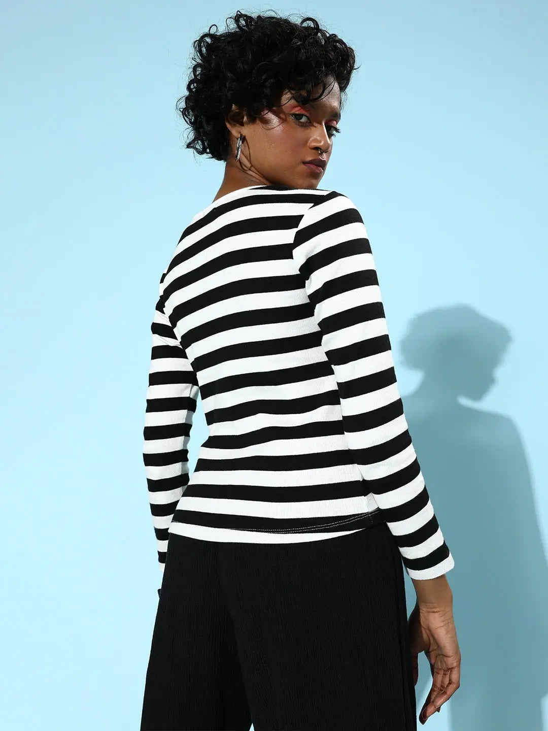Black & White Stripe Rib T-Shirt - V-Neck Slim Fit Cotton