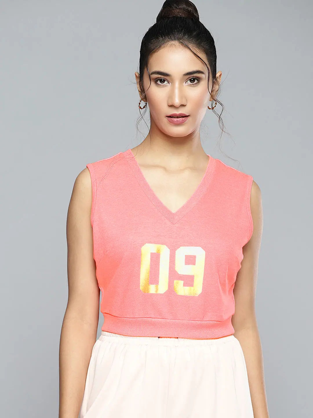 Neon Pink V Neck Crop Vest | Foil Print Cotton Vest Top