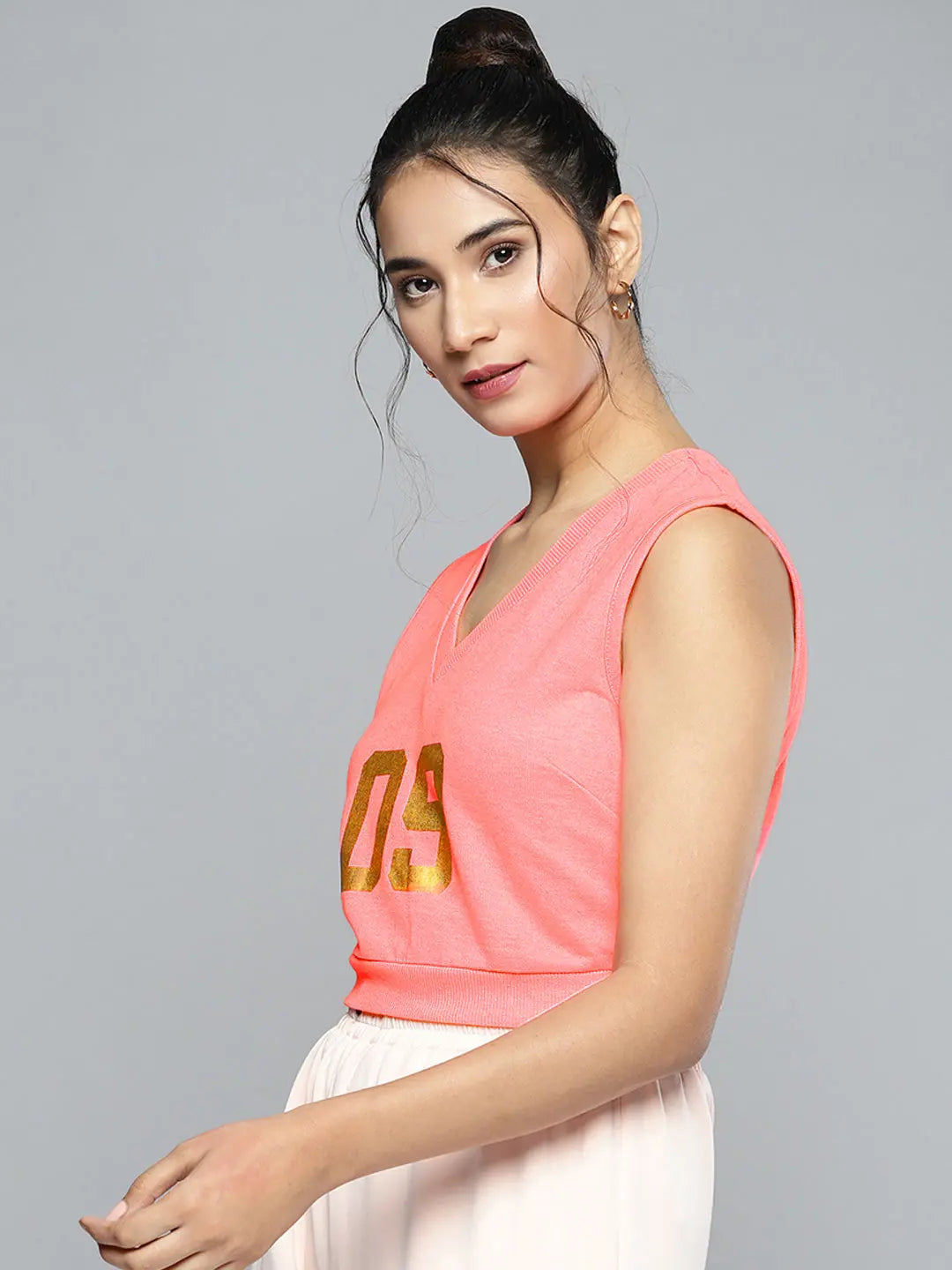 Neon Pink V Neck Crop Vest | Foil Print Cotton Vest Top