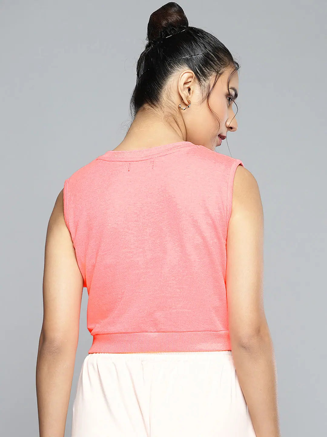 Neon Pink V Neck Crop Vest | Foil Print Cotton Vest Top